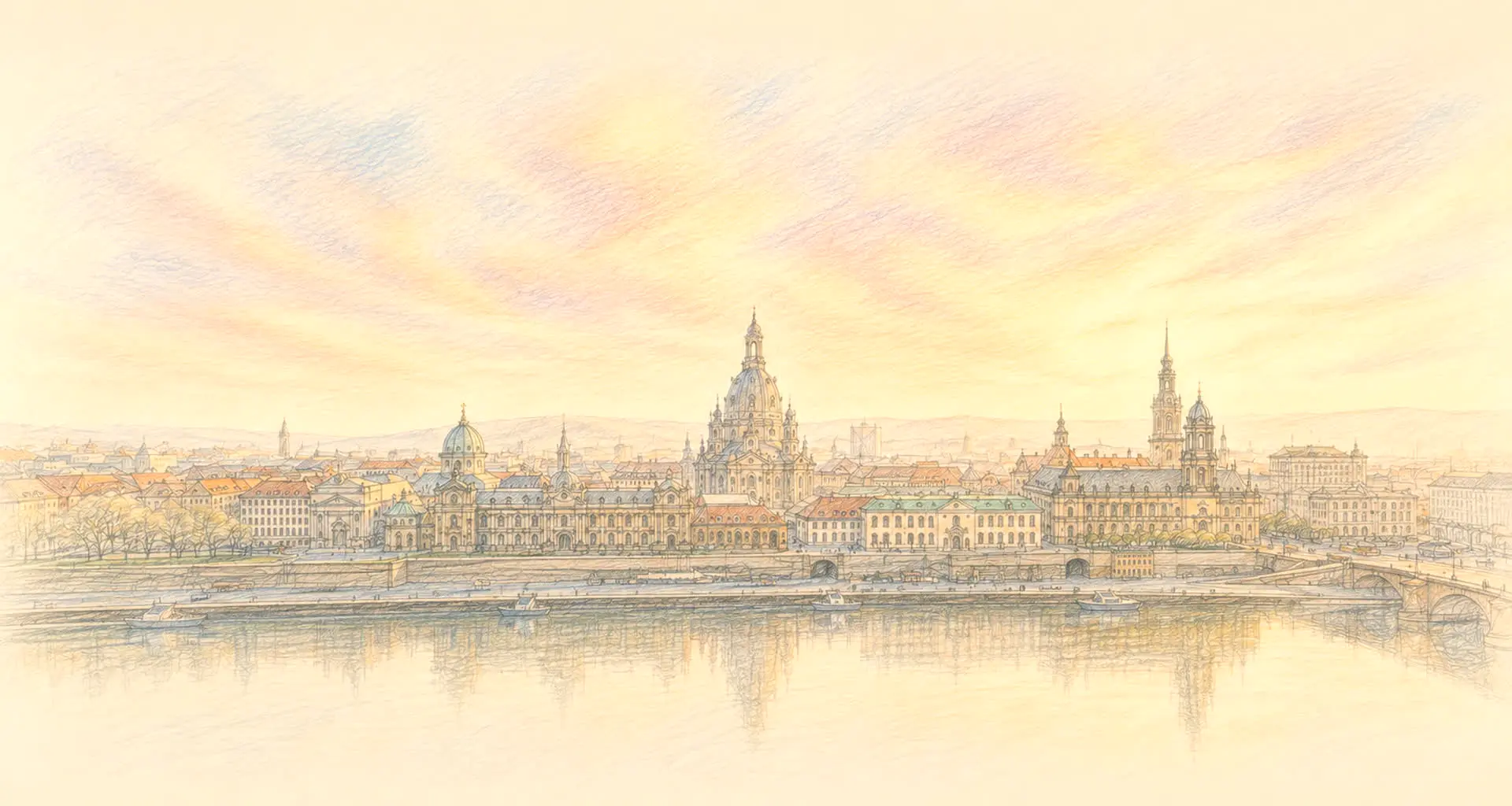 Handgezeichnete Illustration der Dresdner Altstadt mit Frauenkirche im Morgenlicht