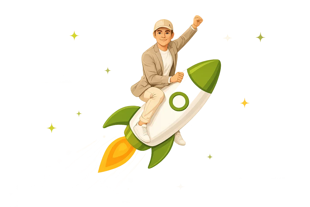 Illustration: Marc Richter fliegt auf einer Rakete nach oben